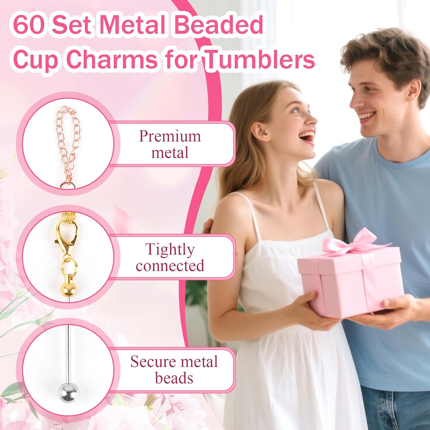 60 Pcs Beaded Cup Charms, Beadable Tumbler Straw Charm Compatible with Stanley Cup, DIY Bottle Keychains Accessories Bulk for Tumblers with Handle Cups(4 Colors)
