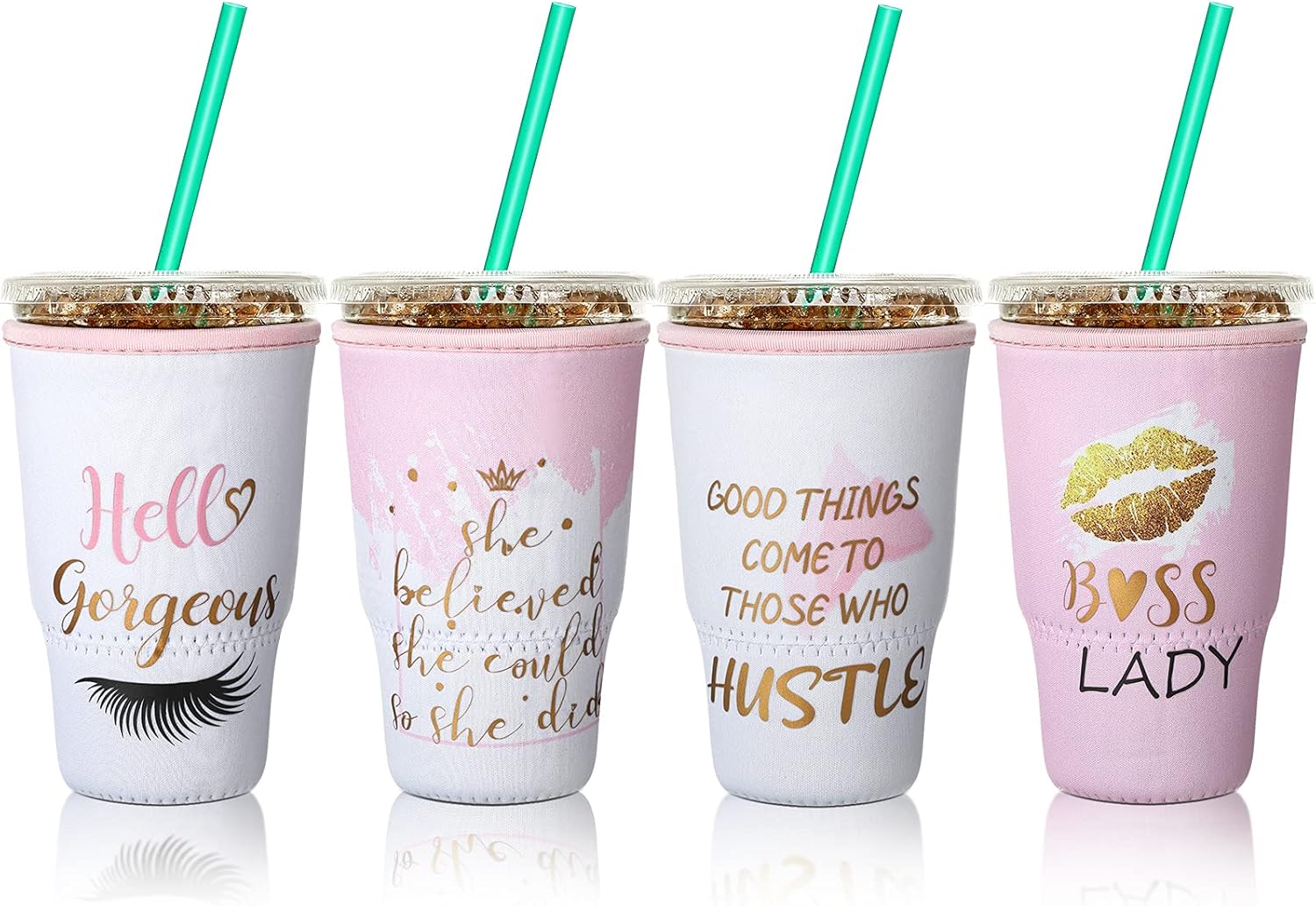 Patelai 4 Pieces Reusable Iced Coffee Sleeve Cup Insulator for Cold Drinks Beverages and Holder for Most Coffee(30-32 oz Large,Pink Gold Style)