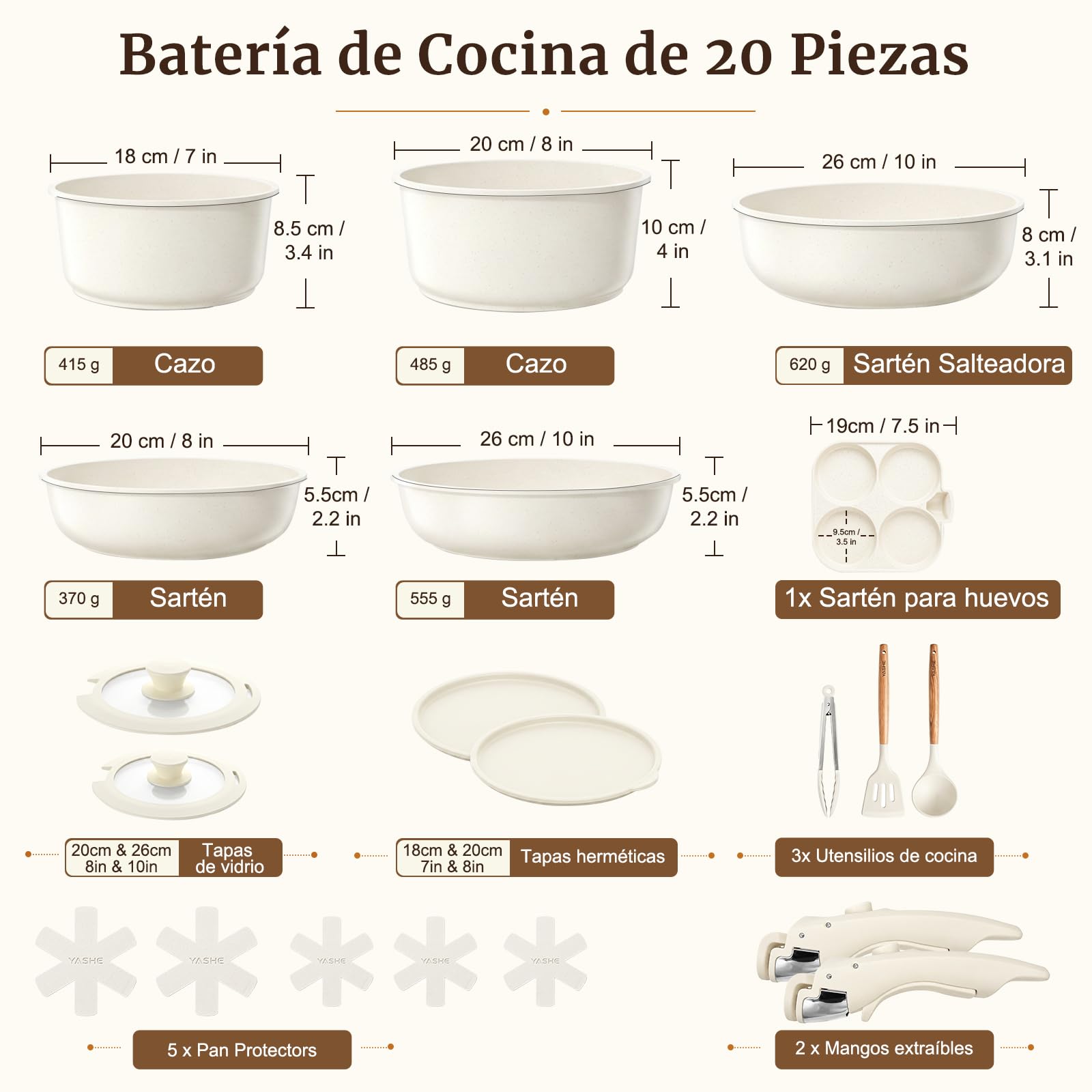 YASHE Batería de cocina 20 piezas, inducción, atóxica, sin PTFE ni PFAS | No Tóxico Batería de Cocina, Ollas Apilables para Inducción, Juego Ahorrador de Espacio para Caravana, Sin PFOA/PFOS