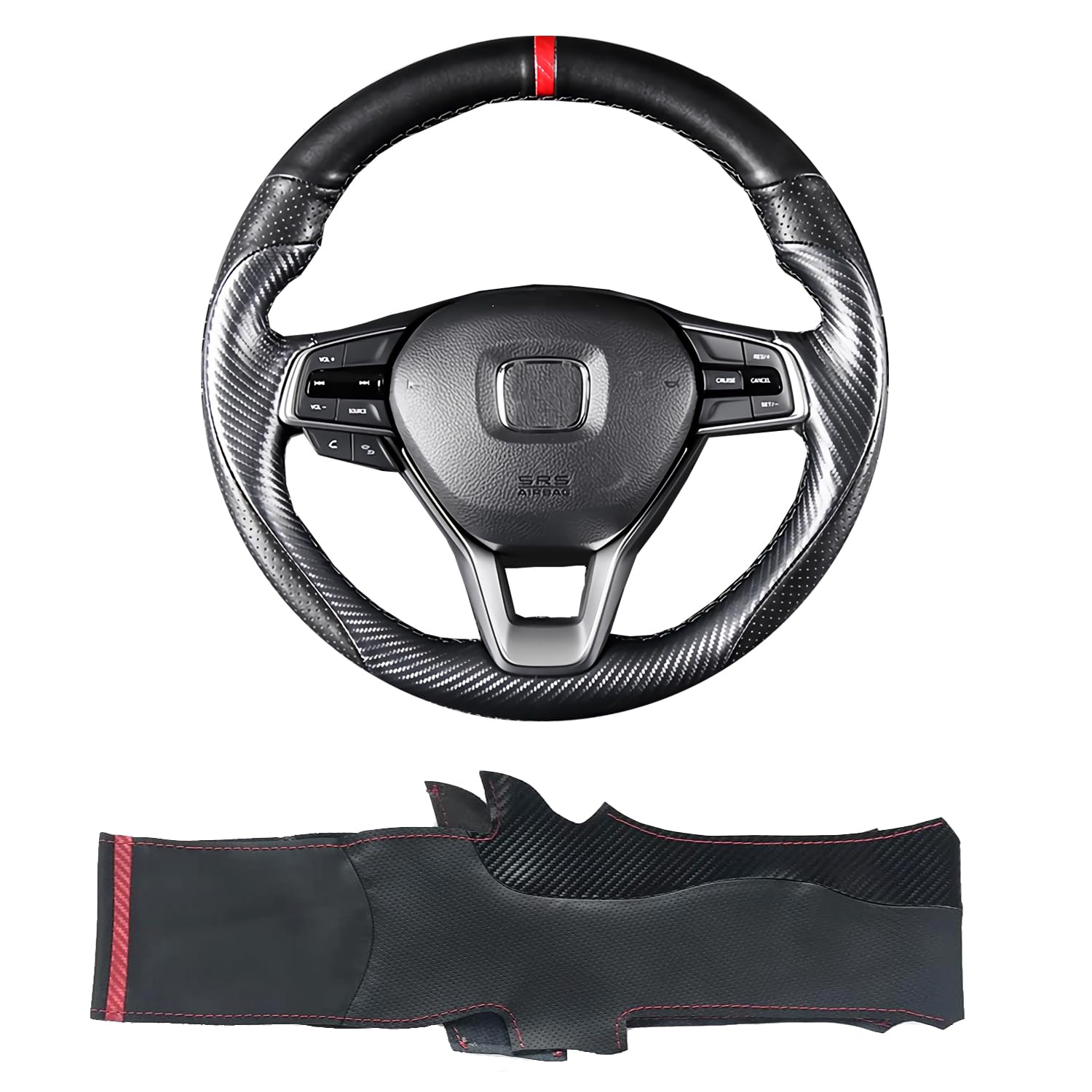 Matte Black Carbon Fiber & Nappa Perforated Leather Interior Accessories Steering Wheel Cover Hand-Stitch on Wrap Fit for Honda Accord 10th 2018-2021/ Honda Insight 2019-2021