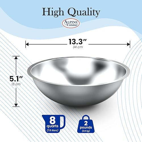 Miniatura 3 de Alpine Cuisine Deeper Edge - Tazón de acero inoxidable de 8 cuartos de galón, resistente y apto para lavavajillas, perfecto para preparación de