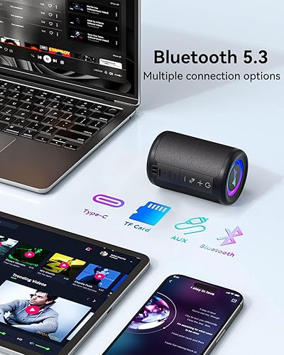 Miniatura 5 de LENRUE Pequeño altavoz Bluetooth portátil con luces, sonido envolvente estéreo TWS, tipo C, Bluetooth 5.3, entrada de tarjeta TF AUX, inalámbrico