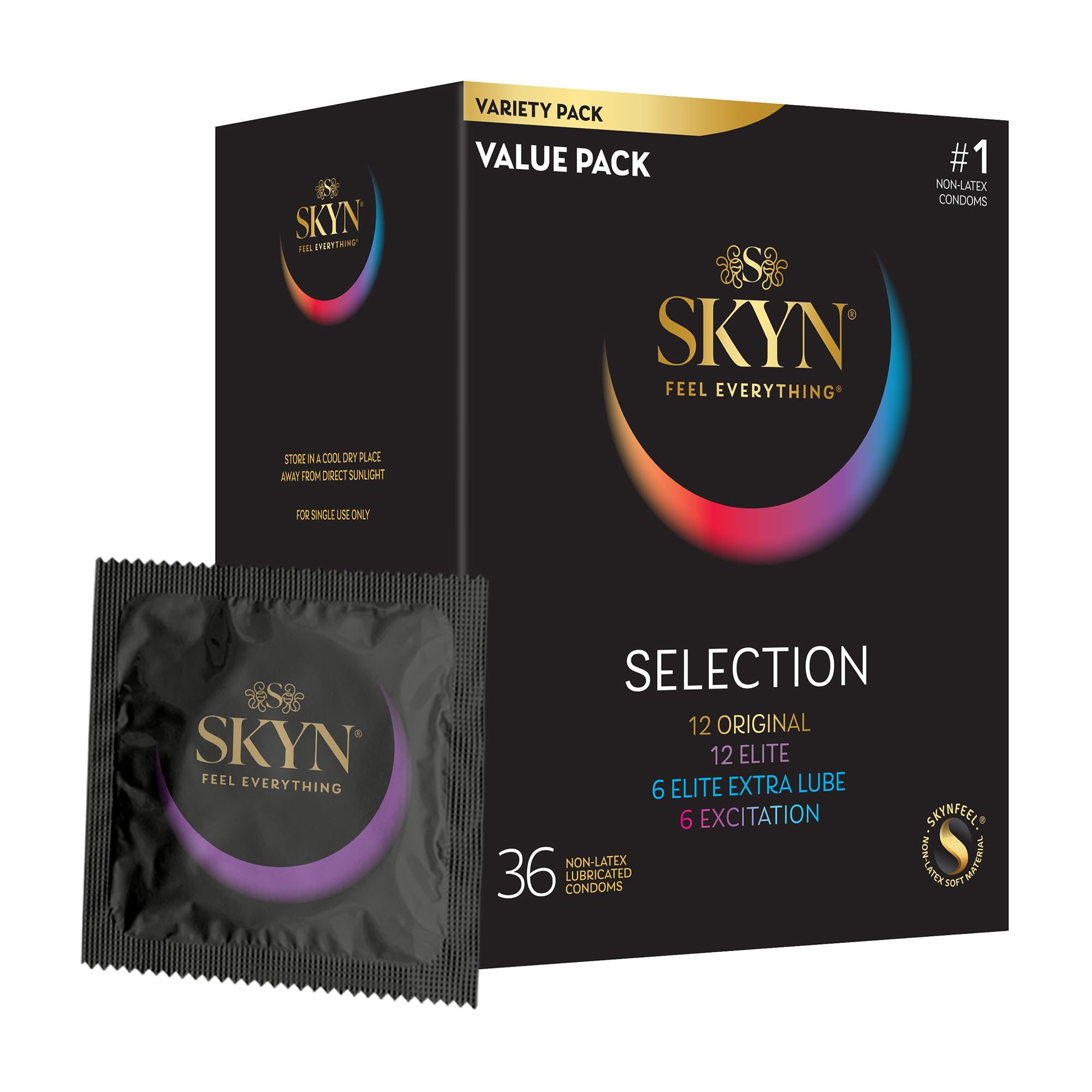 SKYN Selection Non-Latex Condoms, Regular Fit Variety Pack Contains SKYN Elite, Original, Excitation, Extra Lube, Condoms, 36 Count