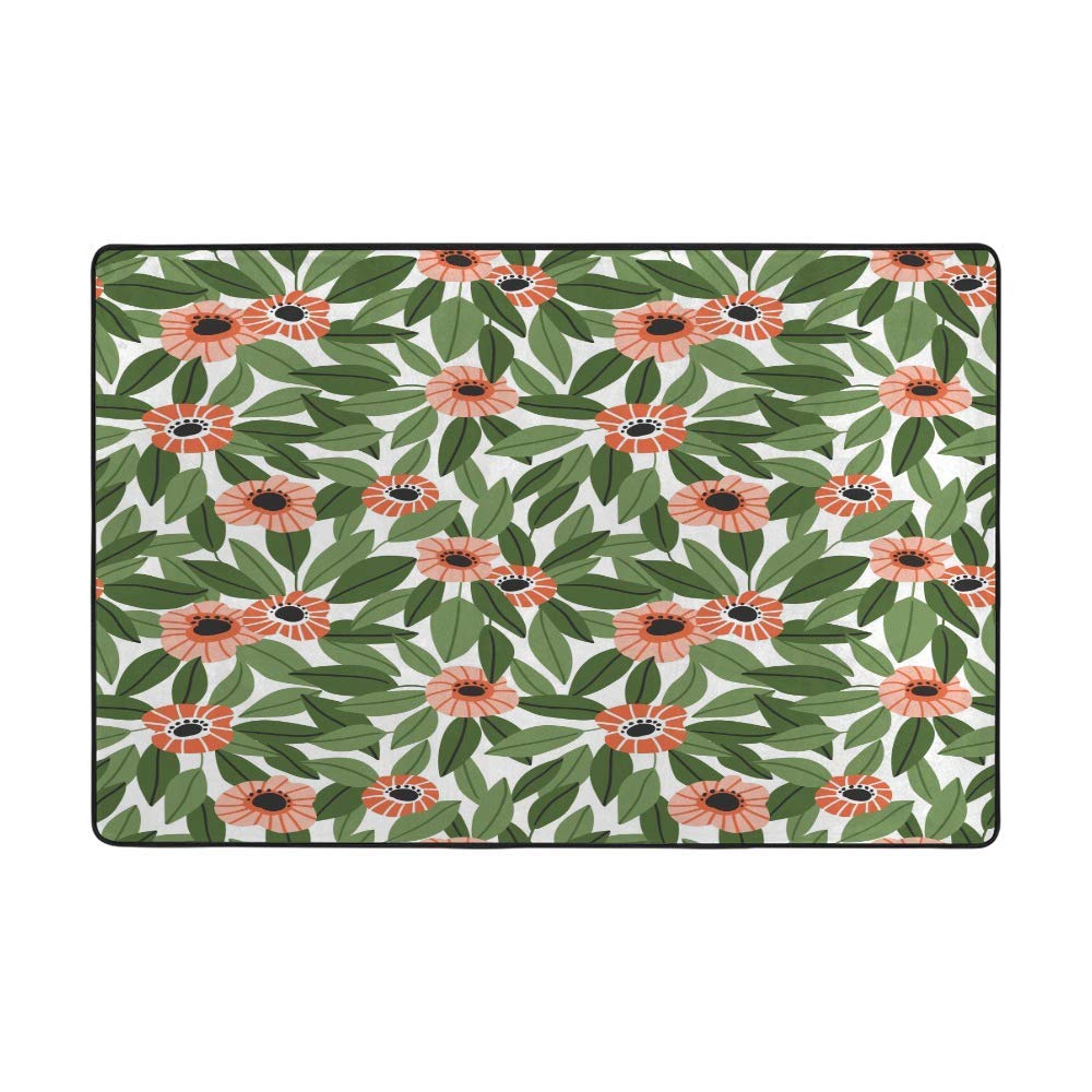 Large Area Rug Non Slip Floor Carpets Soft Comfort Indoor Floor Mats Home Decor for Bedroom Sofa Living Room Green Leaf with Flower Print 63 x 48 inch