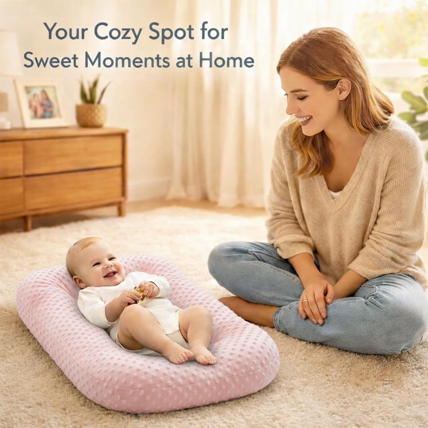 Baby Lounger for Newborn,Baby Nest for Newborn Soft Cotton Breathable for Playtime & Relaxation,Flat Babies Essentials Gifts Newborn Lounger for Boys & Girls 0-12 Months(Pink Bean) - Image 2