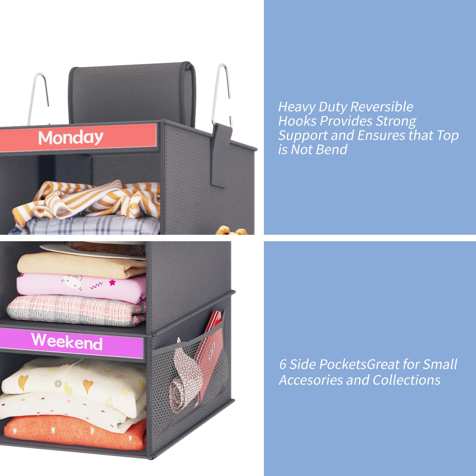 Weekly Kids Kleider-Organizer mit 6 Regalböden, zum Aufhängen, Dunkelgrau | Vliesstoff, 6 Tagesregale, 6 Netz-Seitentaschen, 2 Metallhaken, faltbares Design, für Kinder-Outfits und Zubehör