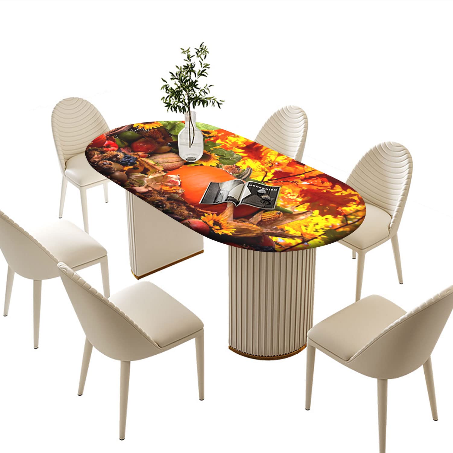 RenteriaDecor Thanksgiving Oval Fitted Tablecloths, Pumpkins with Sunflowers Pattern Print Elastic Edged Table Cover, Windproof Cloths for Indoor Outdoor Dining Decor, Fits to 48x68 in Table, Orange