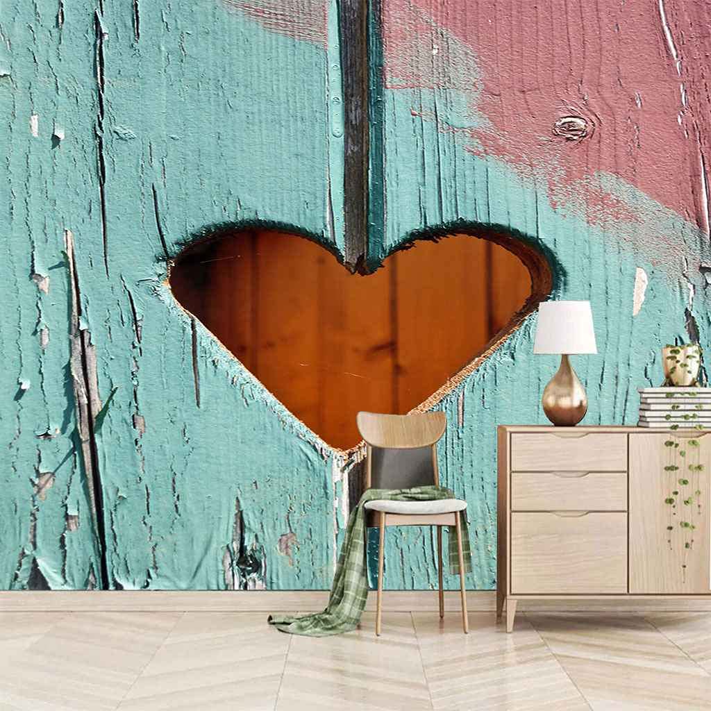 Papier peint DIY coeur en bois canevas 3D déco pour salon et chambre de 150x105 cm