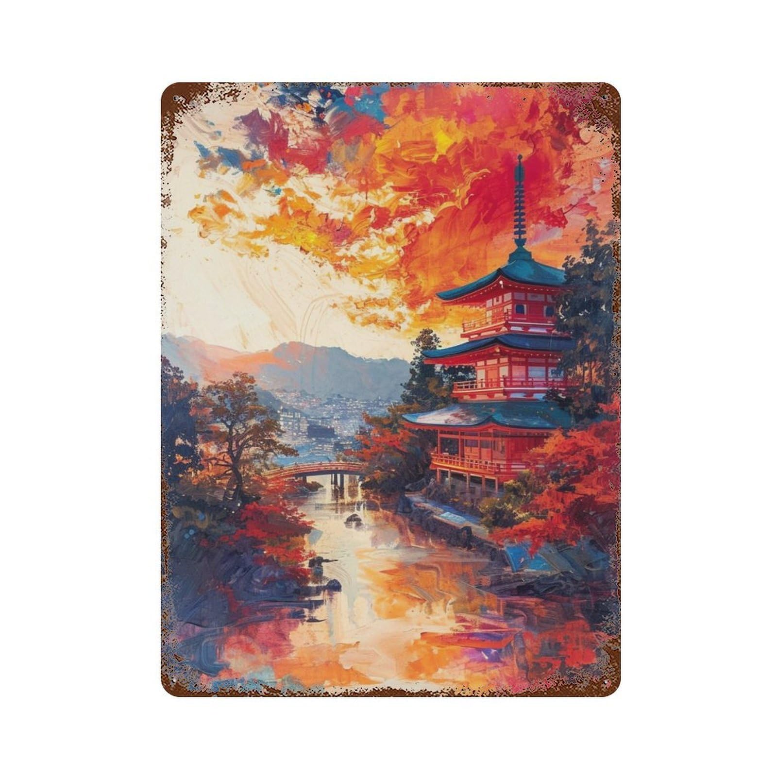 Aged Metal Wall Plaque with Japanese Pagoda Sunset Design 15.7"x11.8", for Farmhouse, Kitchen And Entryway Decor, Old School Wall Decor