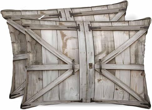 Retro Brown Door Pillowcase King Size with Hidden Zipper, Silky Soft Satin Throw Bed Pillow Cover Case, Pastoral Vintage Wooden Door Breathable Pillow Sham Decorative Protector for Bed 2 Pack 20"x36"