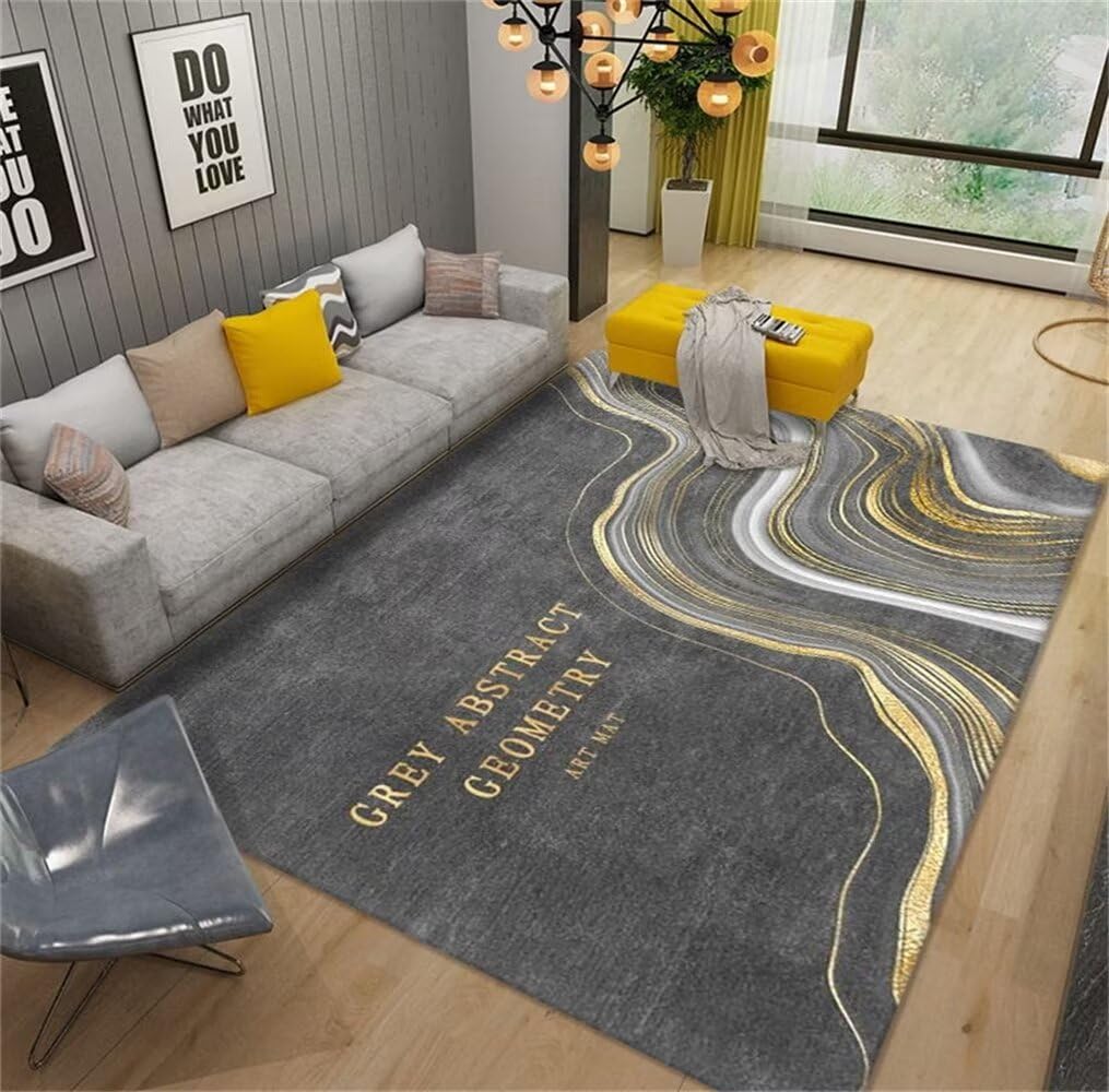 Tapis de chambre gris 200x200cm à rayures jaunes et poil court