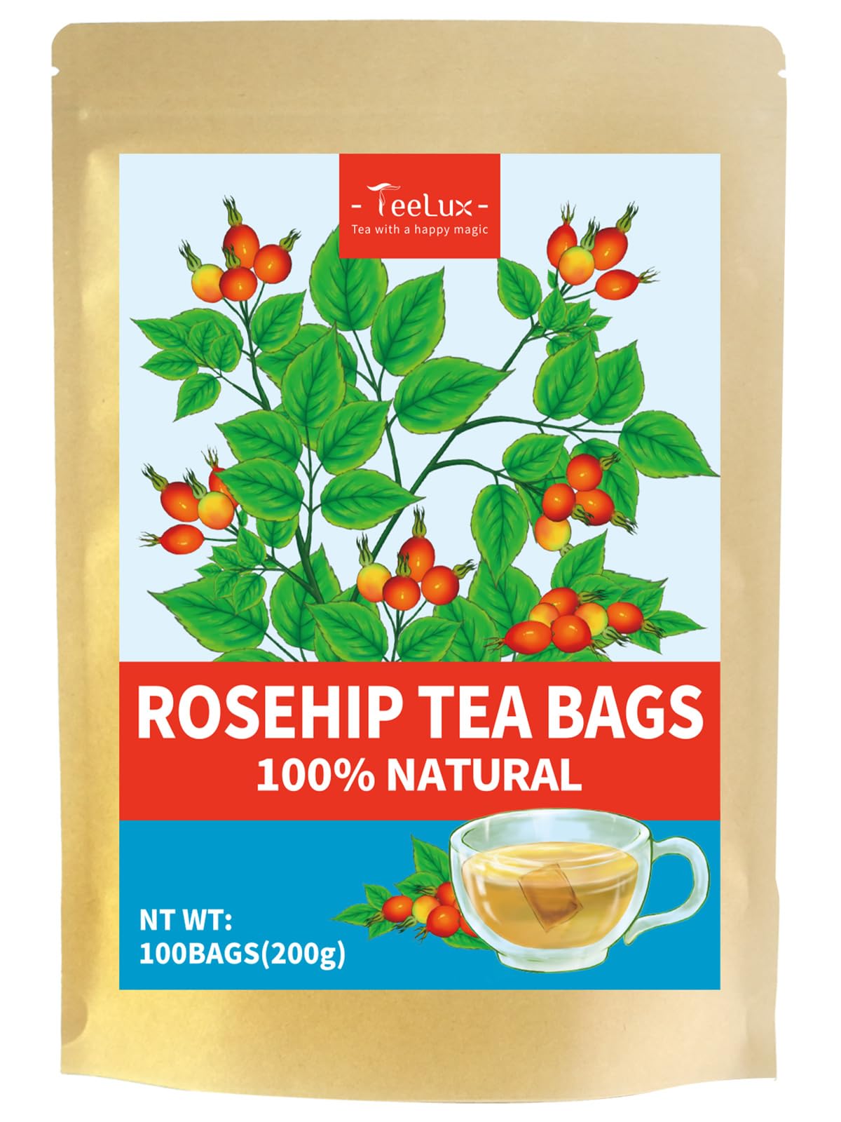 TeeLux Rosehip Tea Bags 100 Count, Vegan, Pure Natural Rosehips, Caffeine Free Herbal Tea, Biodegradable Tea Bags