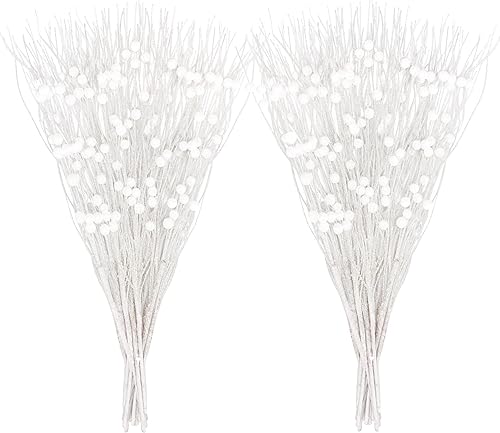 30 piezas de decoración de árbol de Navidad, tallos de bayas artificiales con purpurina blanca, adornos de Navidad, florero, decoración de mesa para