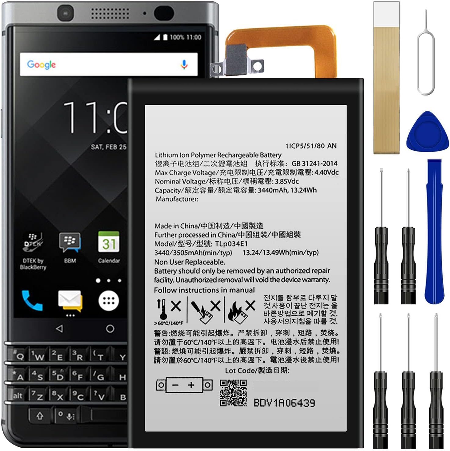 WUHAO Replacement Battery BAT-63108-003 Upgraded for BlackBerry Keyone BBB100-1 BBB100-2 BB100-7 BB100-5, BBB100-3 Sprint Battery with Adhesive Tape Tool Repair Kit