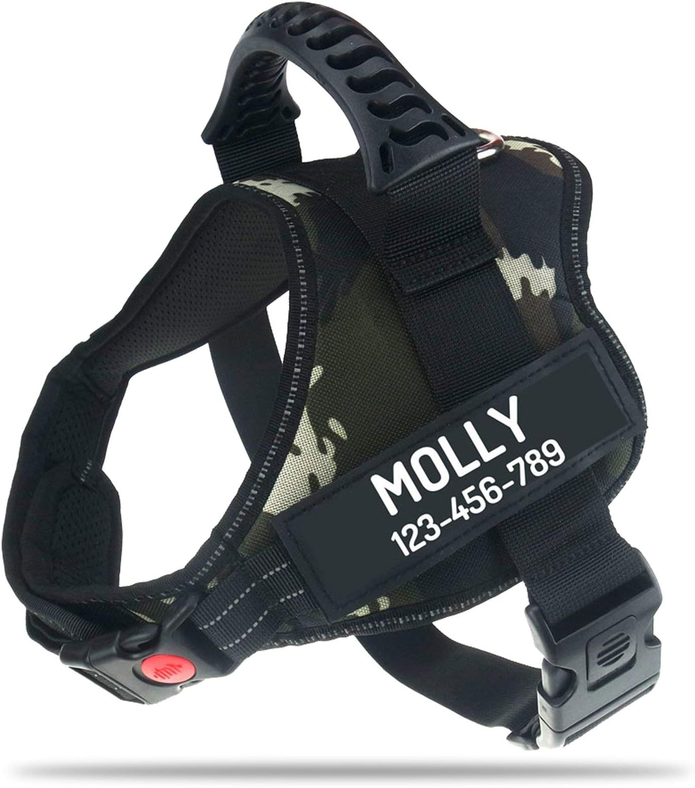 PawPawify Personalised No Pull Dog Harness with Custom Name and Phone Number, Heavy Duty Pet Vest to Prevent Tugging, Pulling, or Choking, Training and Walking (Jungle Camo, S Chest 20-25in)