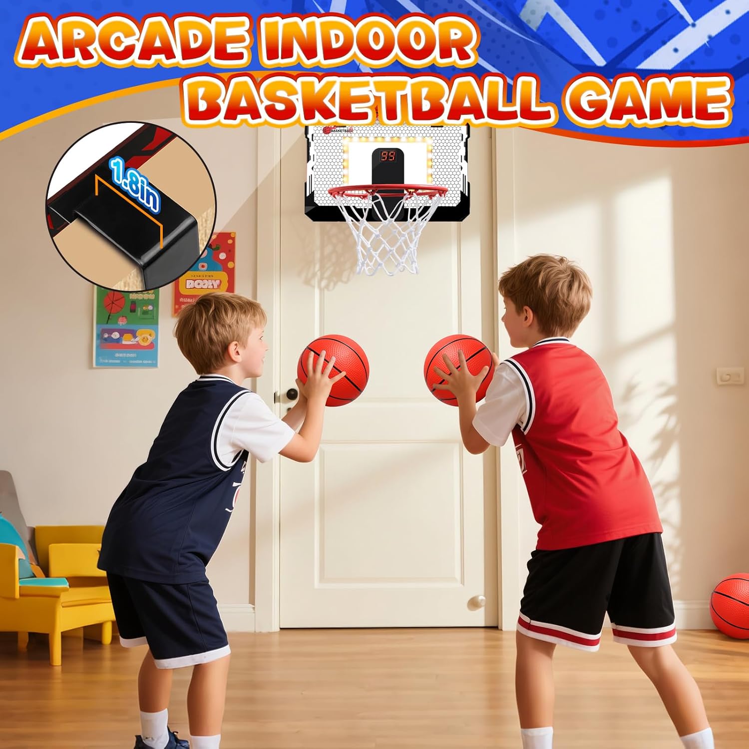 Mini Indoor Basketball Hoop for Kids Adults, Over Door Mini Hoop with Ball for Room Office, LED Light Glow In The Dark, Lawn Wall Pool Scoreboard Basketball Game, 3-12 Years, Larger 17x12Inch