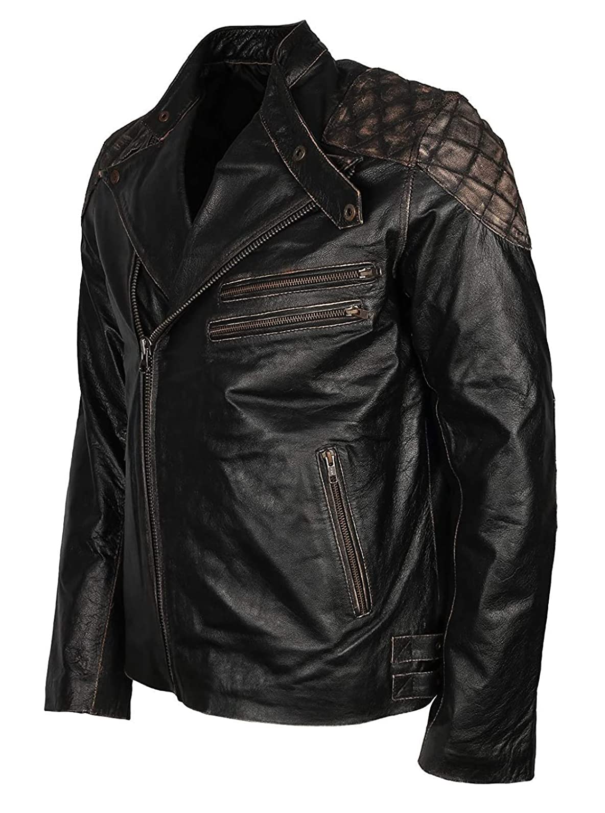 Cráneo en relieve Huesos Negro envejecido Vintage Cafe Racer Motocicleta Biker Negro Chaqueta de cuero para hombre