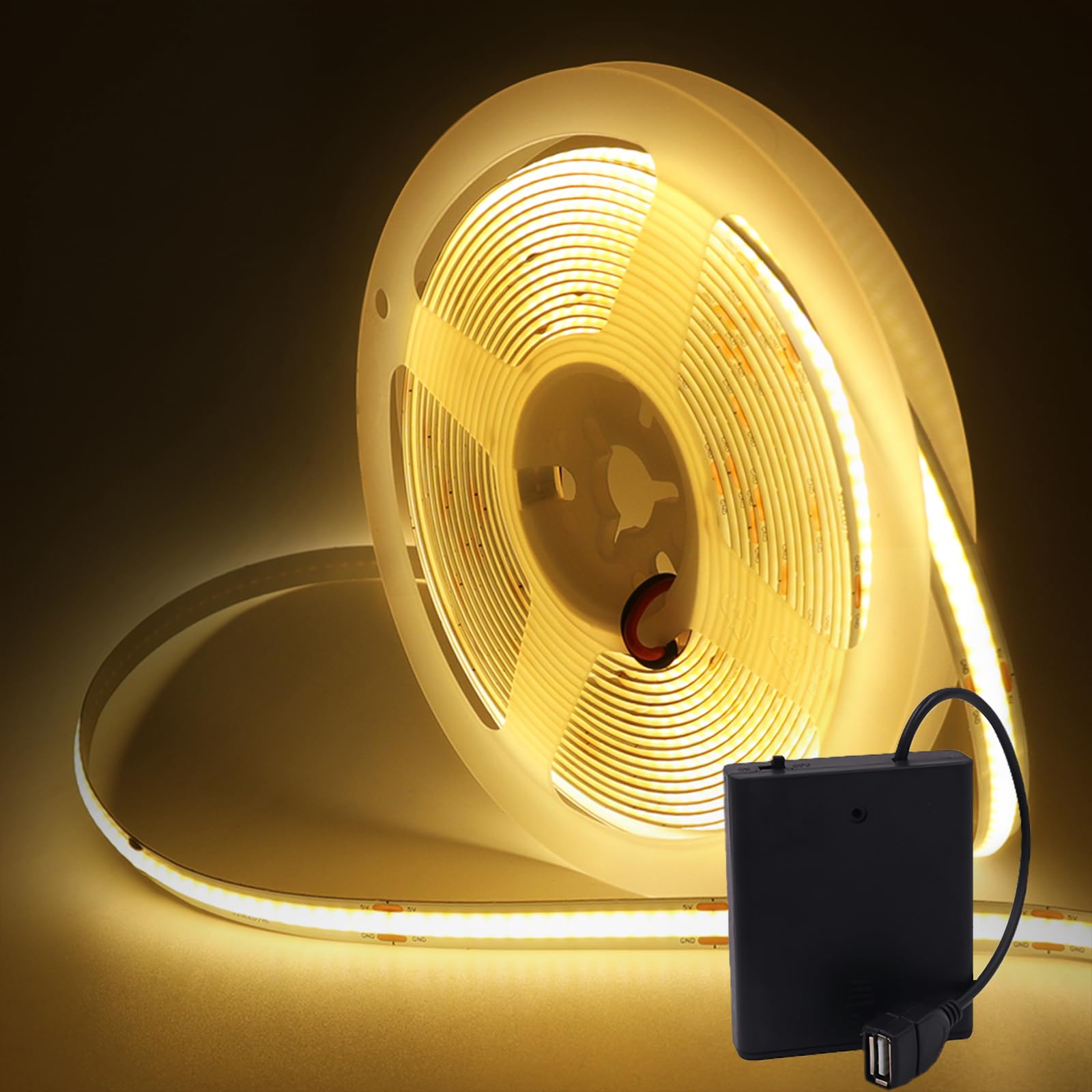 MIGUDA COB LED Strip Light, Ultra-Bright Self-Adhesive Tape, 320 LEDs/m Flexible LED Band with USB 4AA Battery Box for Christmas Decor (Batteries not Included) (3M, Warm White)
