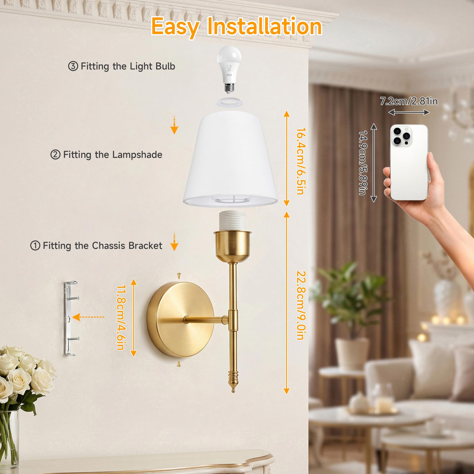 Oro Apliques Pared Interior Sin Cable Regulable y 8RGB, Set 2