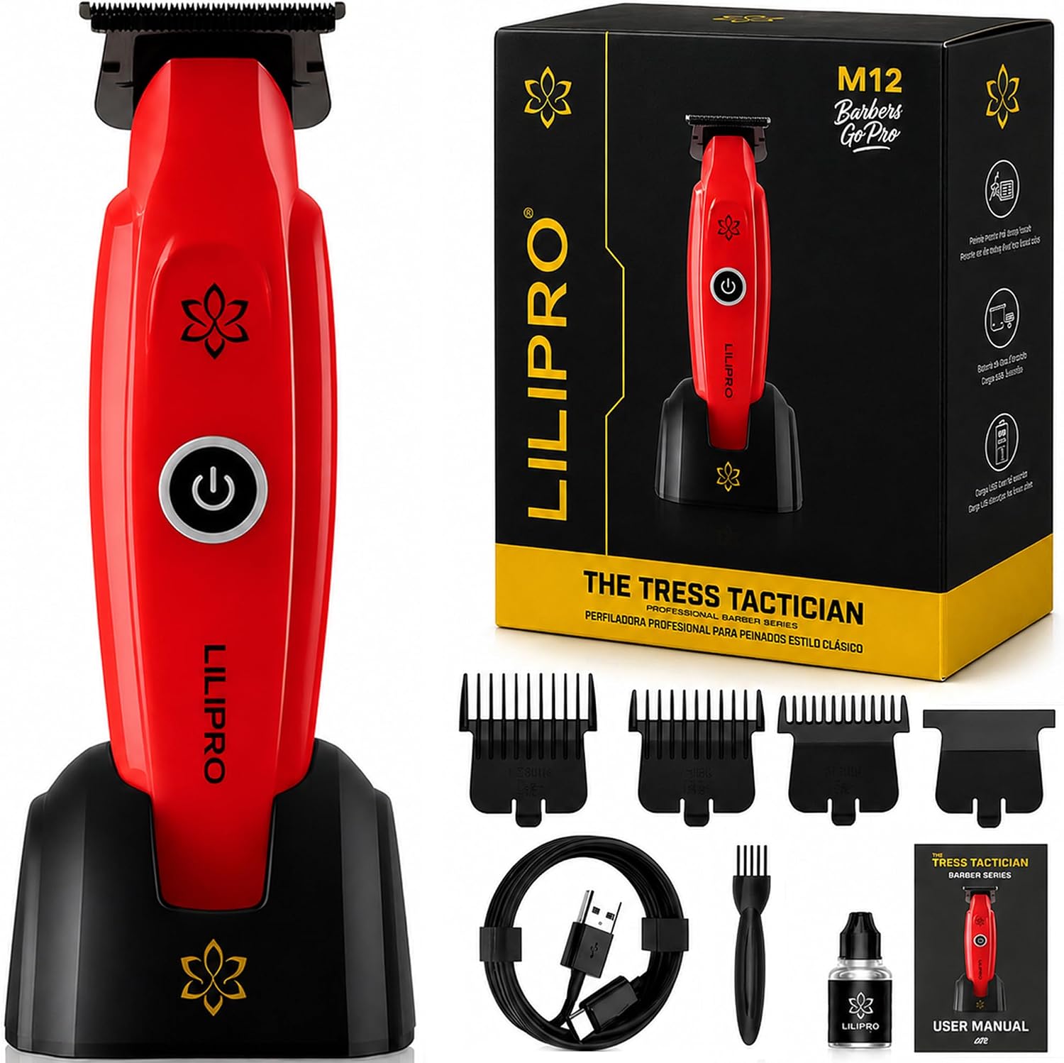 M12 Profesyonel Saç Sakal Kesme ve Tıraş Makinesi | Şarjlı Kablosuz Ense Çizim Makinesi | Zero-Gap DLC T-Bıçak | 7500 RPM USB-C | 2000 mAh Berber & Ev Tipi (Kırmızı)