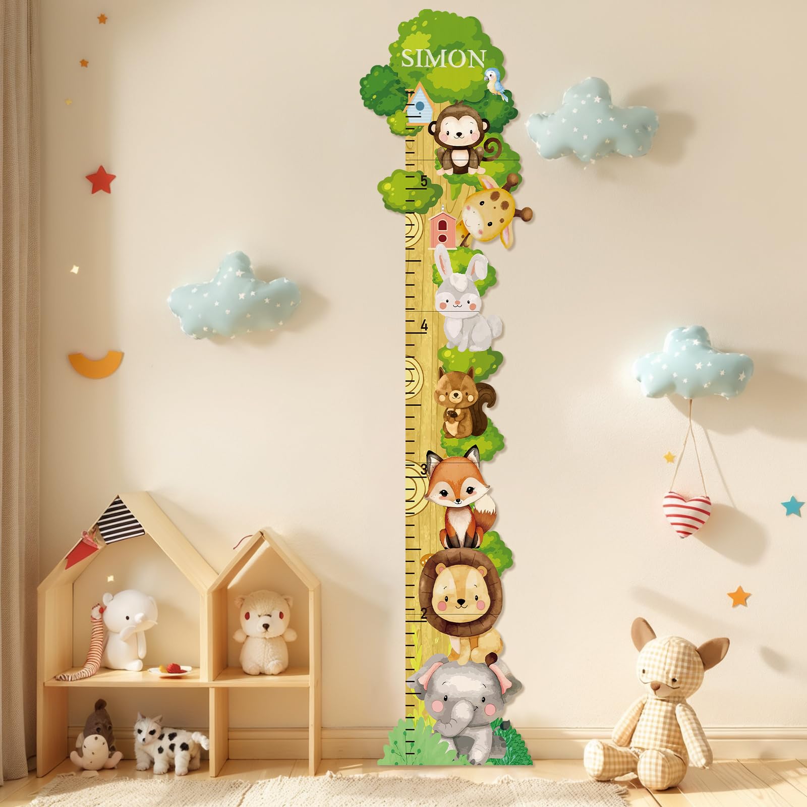 Personalisiert Messlatte Kinder Holz für Baby- & Kleinkinderzimmer mit Namen, Abnehmbares Messlineal für Baby-Messlatte für Schlafzimmer, Wanddekoration (Waldtiere)