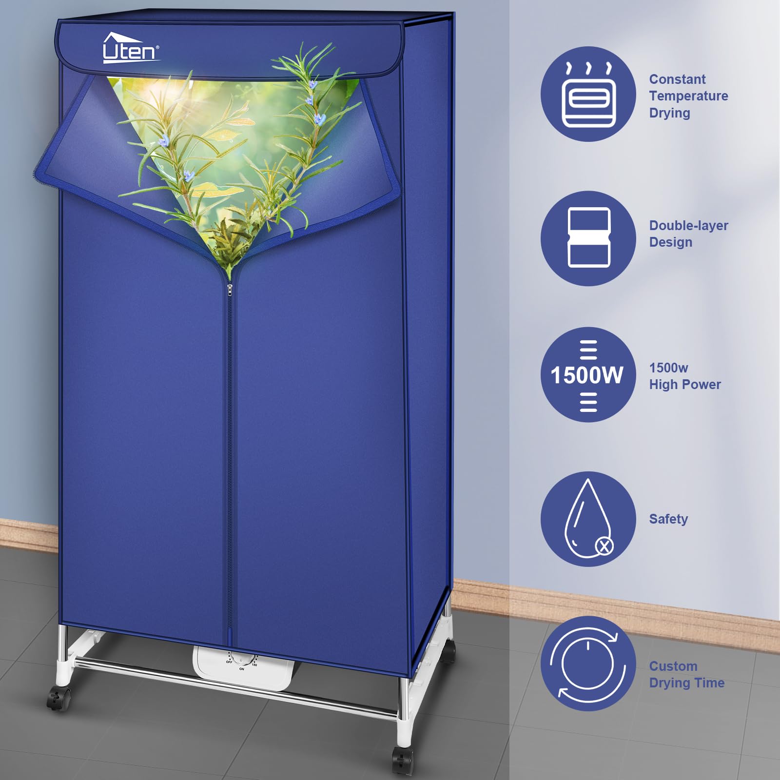Electric Clothes Dryer Warm Air Drying Wardrobe Electric Clothes Drying Rack Double layer Stackable for Apartments 1500W Blue - 2