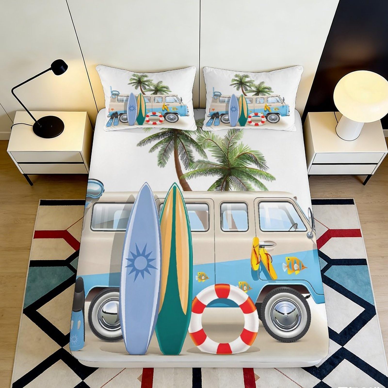 3D Printed Beach Van Fitted Sheet Microfiber Soft Breathable Surfboard Palm Tree Mattress Cover for Bedroom Guest Room Decor 90x200x25cm