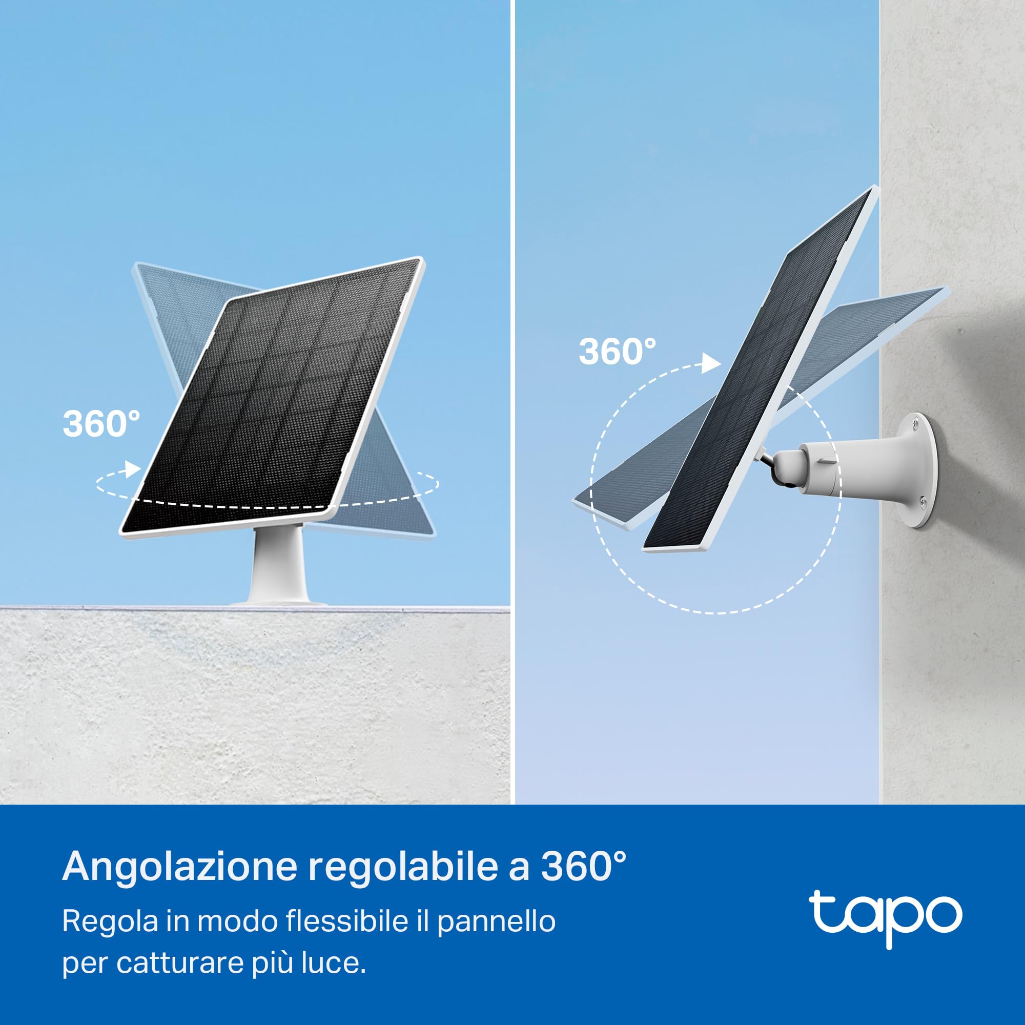 Tapo A202 Pannello Solare 4.5W, 5.2V, Adatto a Telecamera Tapo a Batteria, Installazione Flessibile, Ricarica ad Alta Efficienza, IP65, Regolabile a 360°, Cavo di Ricarica di 4m