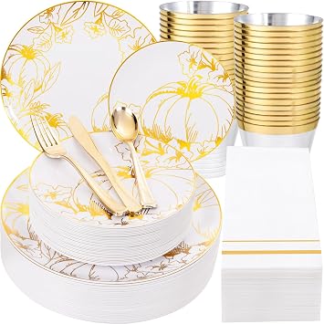 Liacere 175PCS Thanksgiving Plates- Gold Pumpkin Plastic Plates-Thanksgiving Plastic Plates and Napkins Sets Include 50 Plastic Plates,75 Thanksgiving Dinnerware,25 Gold Cups 25 Napkin for Fall Plates