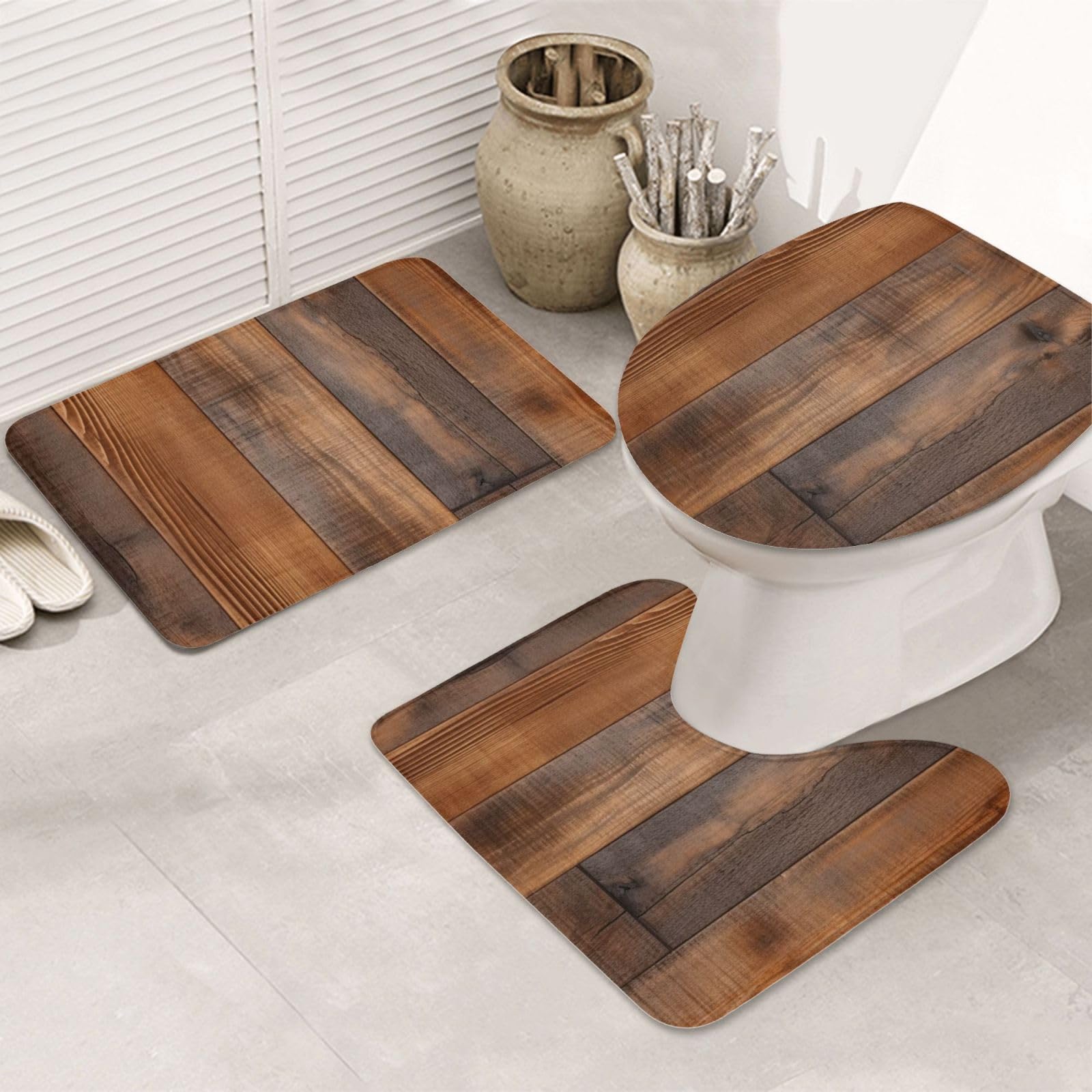 Tapis de bain absorbant OUSIKA marron lot de 3 avec envers antidérapant sécurisé