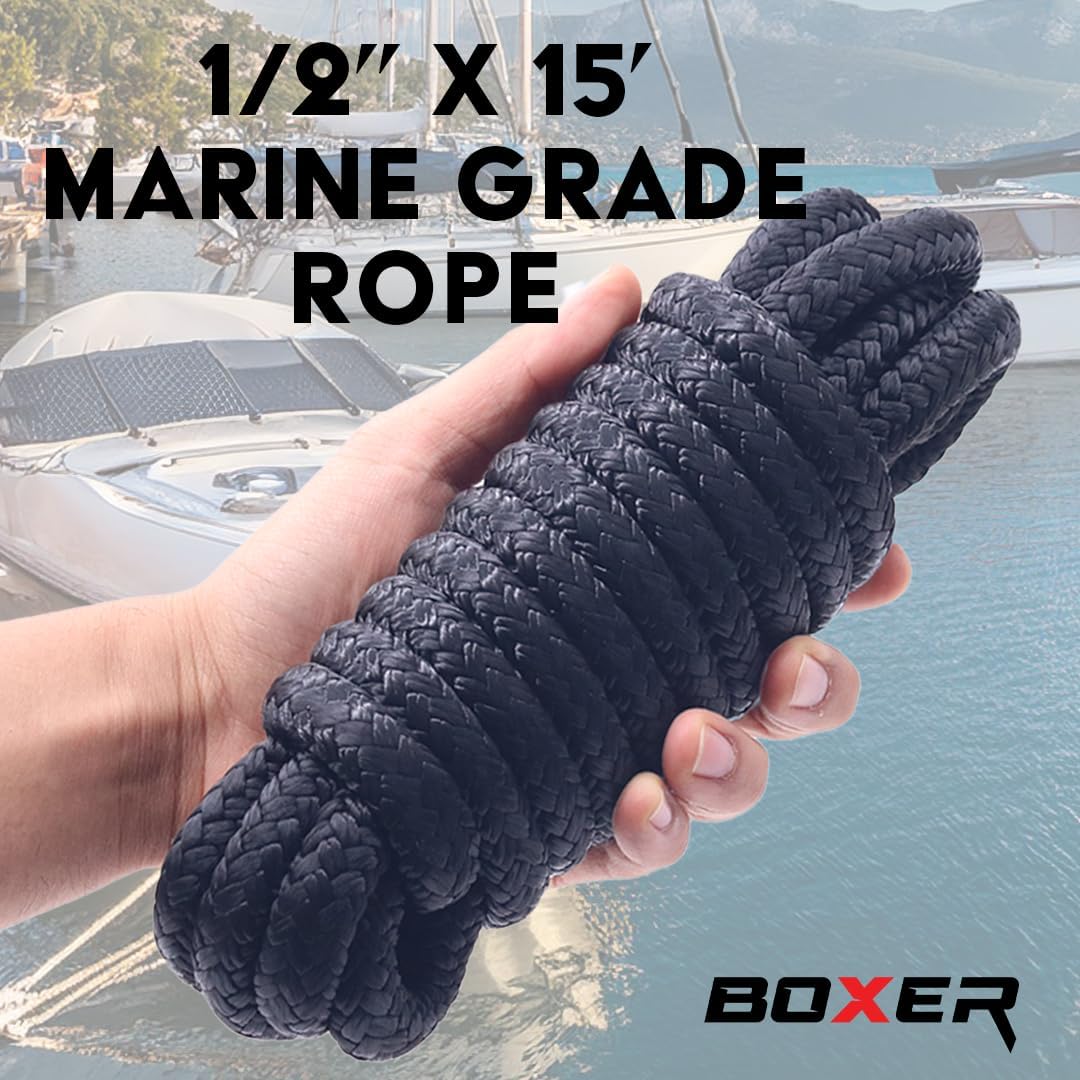 BoxerTool 4 Pack 1/2” X 15’ Dock Lines Marine-Grade Double-Braided Nylon Dock Line with 12” Eyelet Premium Marine Rope