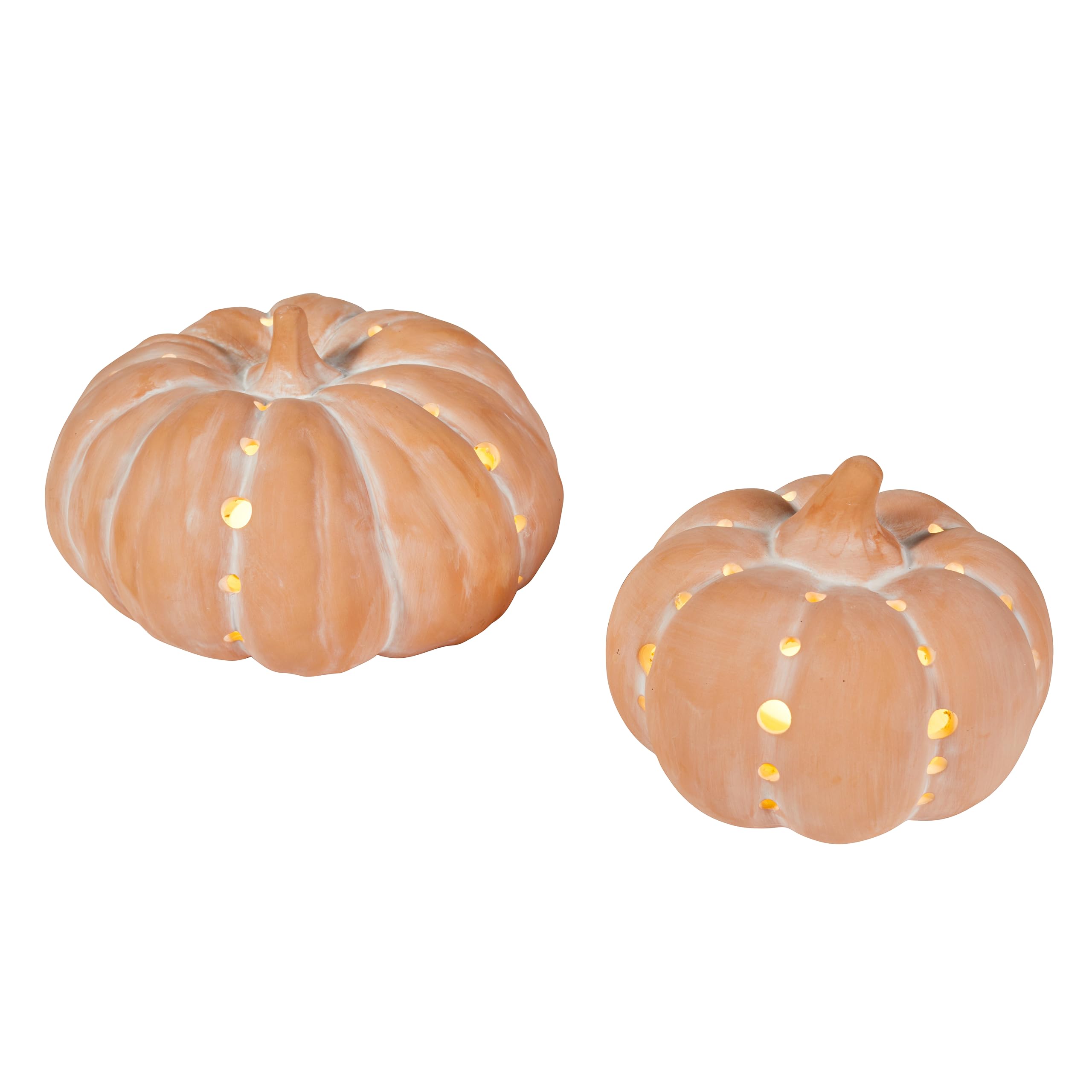 Lights4fun 2er Set LED Kürbis Deko Aus Terracotta Mit Timer - Batteriebetrieben, Für Halloween & Herbst
