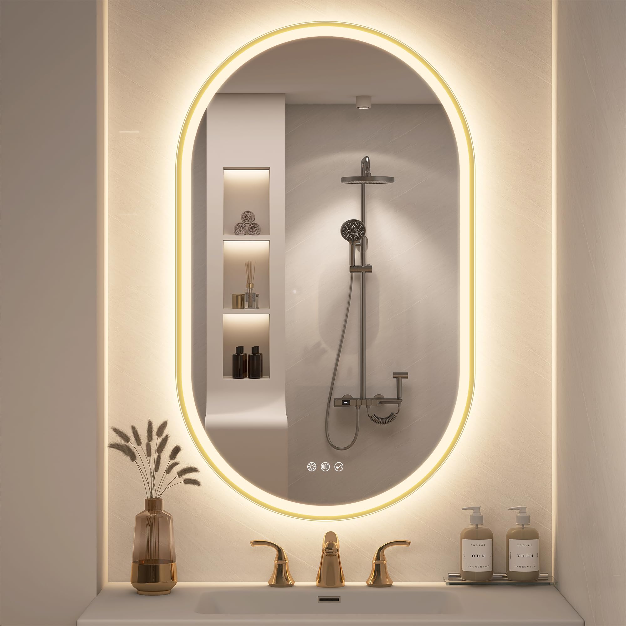 STARLEAD Dorado Espejo-Baño-Ovalado-con-Luz y Bluetooth 100x60cm, Espejo-Baño-LED con Antivaho, Regulable, 3 Colores Luz, Memoria, IP44, Vidrio Templado, Horizontal/Vertical, Marco No Metálico