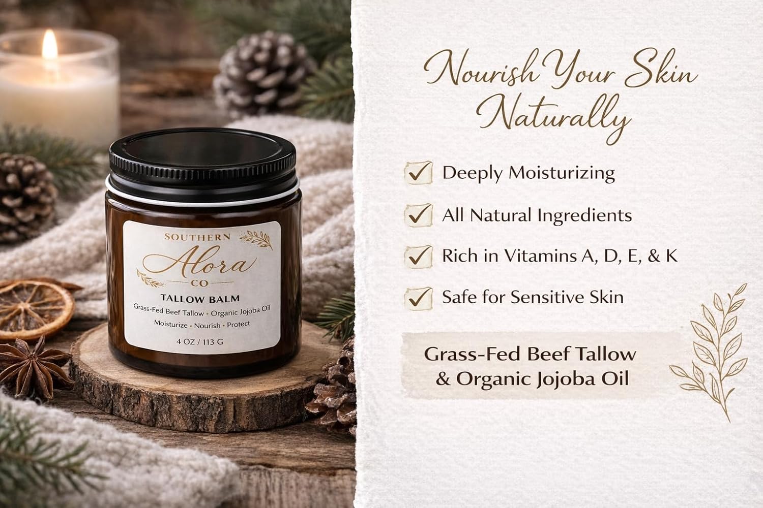 Grass Fed Beef Tallow Moisturizer for Face & Skin – Natural Tallow Balm Face Cream with Organic Jojoba Oil – Deep Hydration for Dry Sensitive Skin – Unscented 4 oz