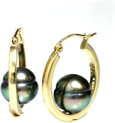 14k Yellow Gold Tahitian South Sea Pearl Dangle Hoop earrings - AAA and AAA Flawless