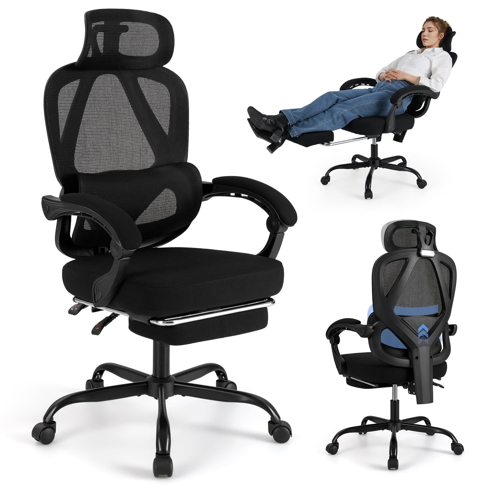 COSTWAY Silla Oficina Ergonomica, Respaldo Alto de Malla y Reposapiés Retráctil, Silla Gaming, Respaldo Inclinable, Reposacabezas, Altura y Soporte Lumbar Ajustables, Office Chair Ruedas