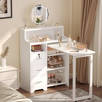 Foldable Nail Desk for Nail Tech, Portable Manicure Table, L Shape Nail Table with Power Outlets & Lockable Drawer & Shelves, Professional Nail Tech Workstation for Home Salon White