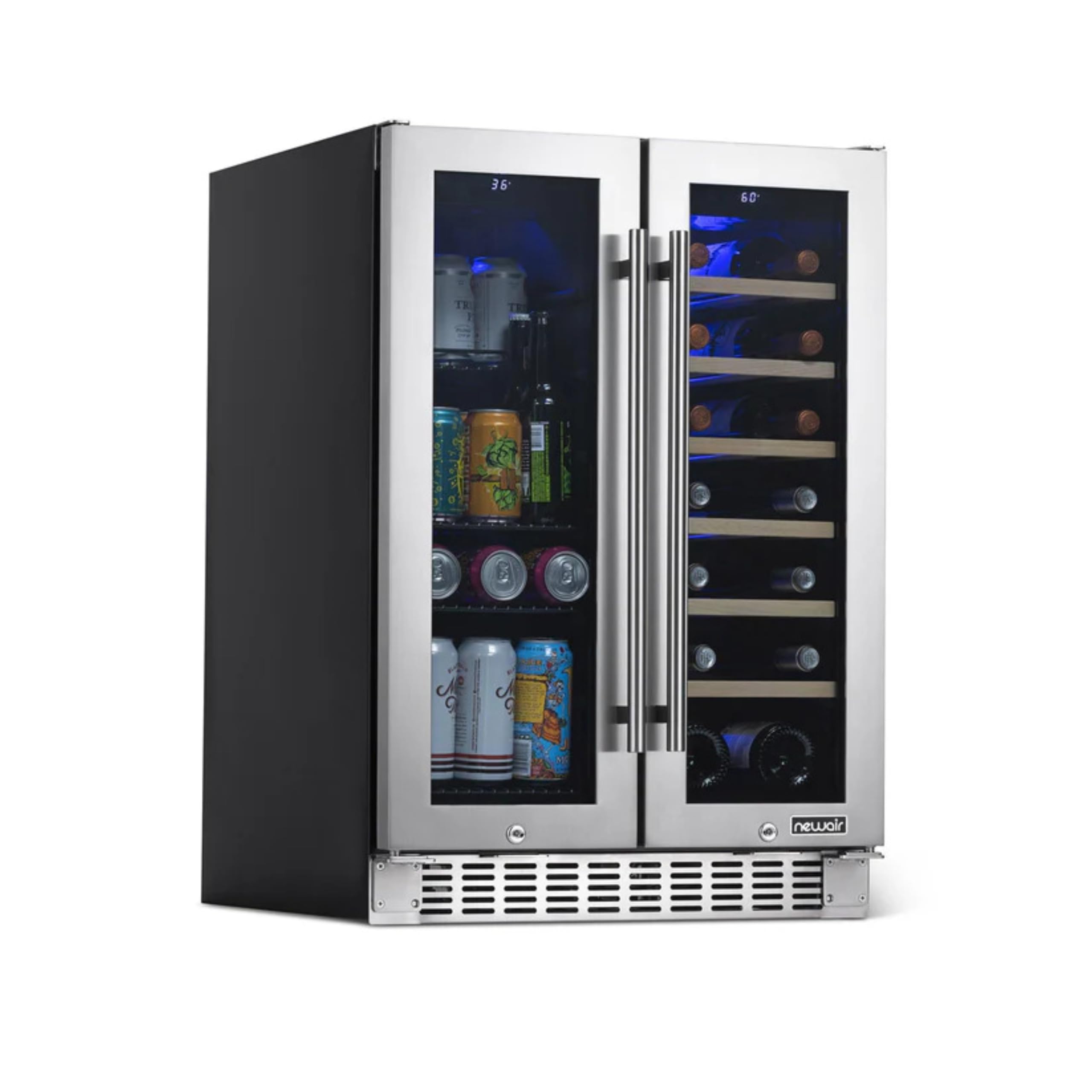 NewAir 24" Dual Zone Beverage Refrigerator &amp; Wine Cooler for 18 Bottles &amp; 60 Cans | Freestanding or Built-In Under Counter Mini Fridge for Beer, Wine and Soda | Stainless Steel