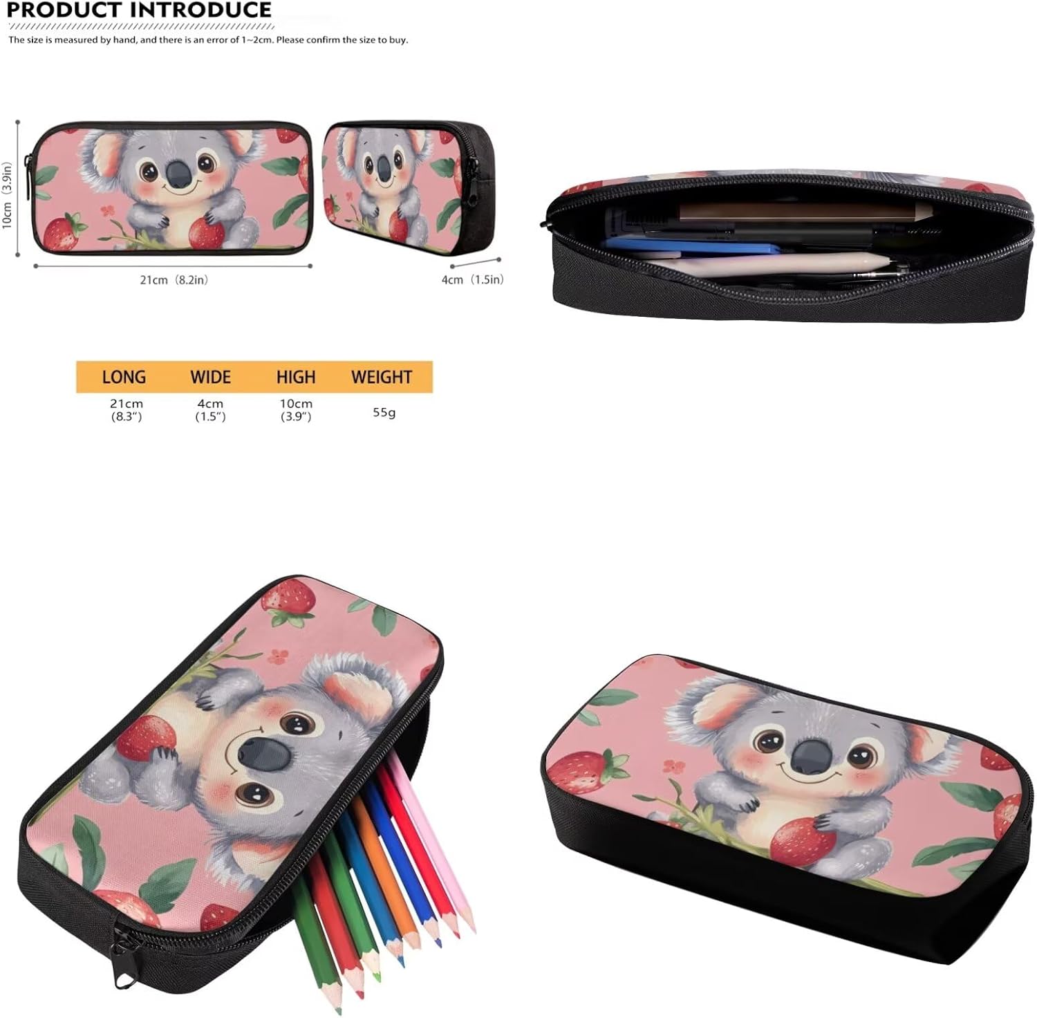 3 PCS Pink Strawberry Koala Backpack with Lunch Box Cute Preschool School Bag Set for Kids Toddler School Bookbag Set for Girls Ages 6-8 with Large Pencil Box Book Bag Travel Daypack
