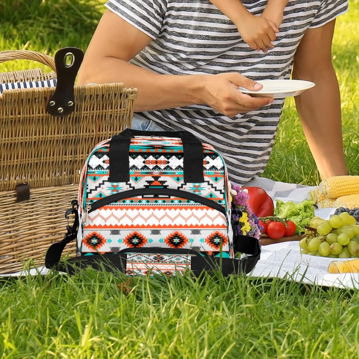 Aztec Insulated Lunch Bag for Women Men Adult Kids Reusable Freezable Lunch Tote Bag Organizer Aztec Print Cooler Lunch Box with Adjustable Shoulder Strap for Outdoor Work School and Picnic