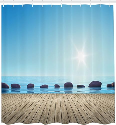Miniatura 2 de Ambesonne, juego de cortina para regadera de tela de poliéster con ganchos, decoración náutica, piedras, océano, mar, playa