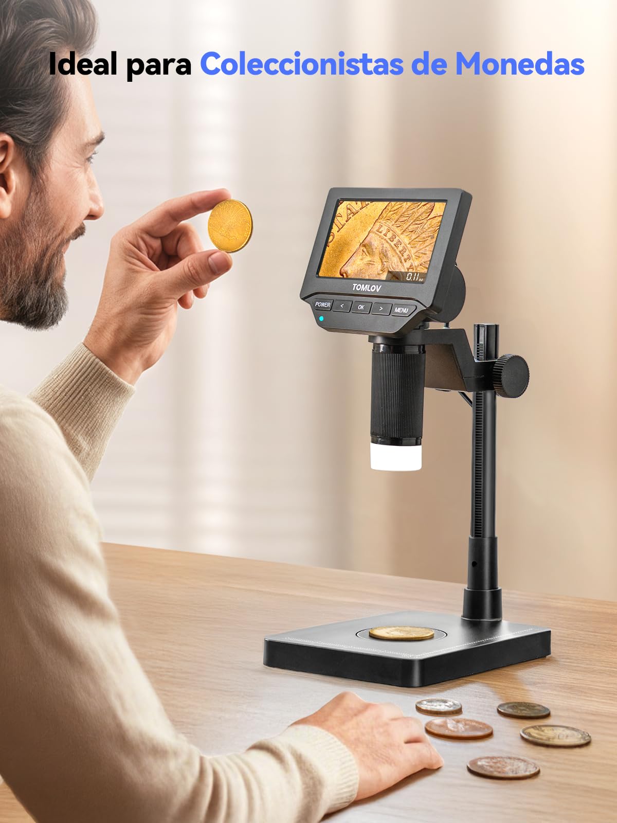 TOMLOV DM4W Microscopio Digital con Balanza: Microscopio de Monedas con 4,3" IPS Pantalla, Lupa para Monedas con Luz, Báscula Precisa para Coleccionistas, Joyeros, Compatible PC/Mac