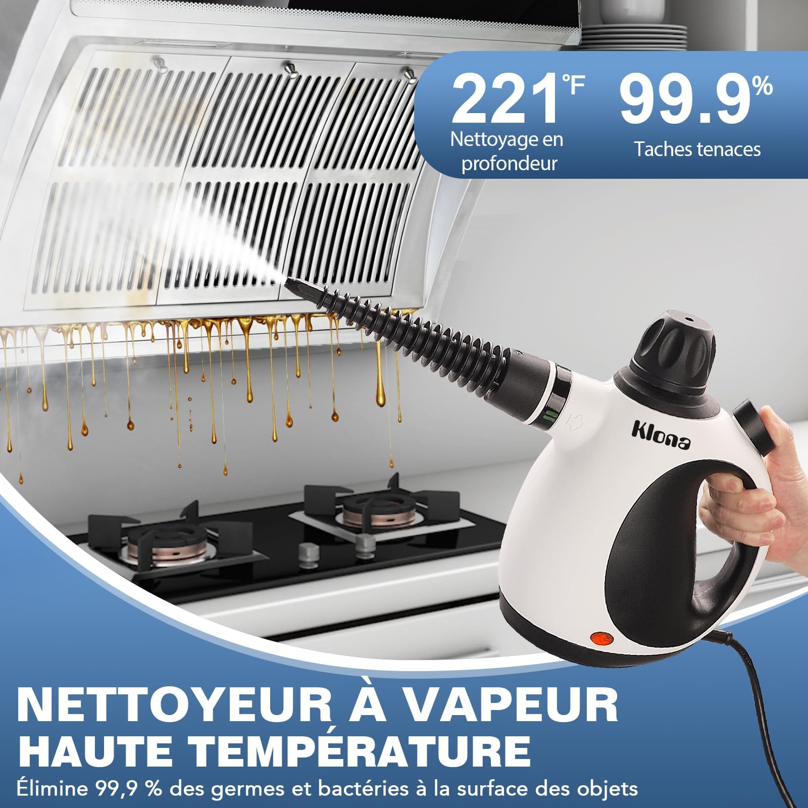 KLONA Nettoyeur Vapeur Portable, 1050W, Nettoyage Haute Température | pour Tapis, Rideaux, Canapés, Cuisine, Salle de Bain | Sans Chimie | Serrure de Sécurité | avec 10 Accessoires