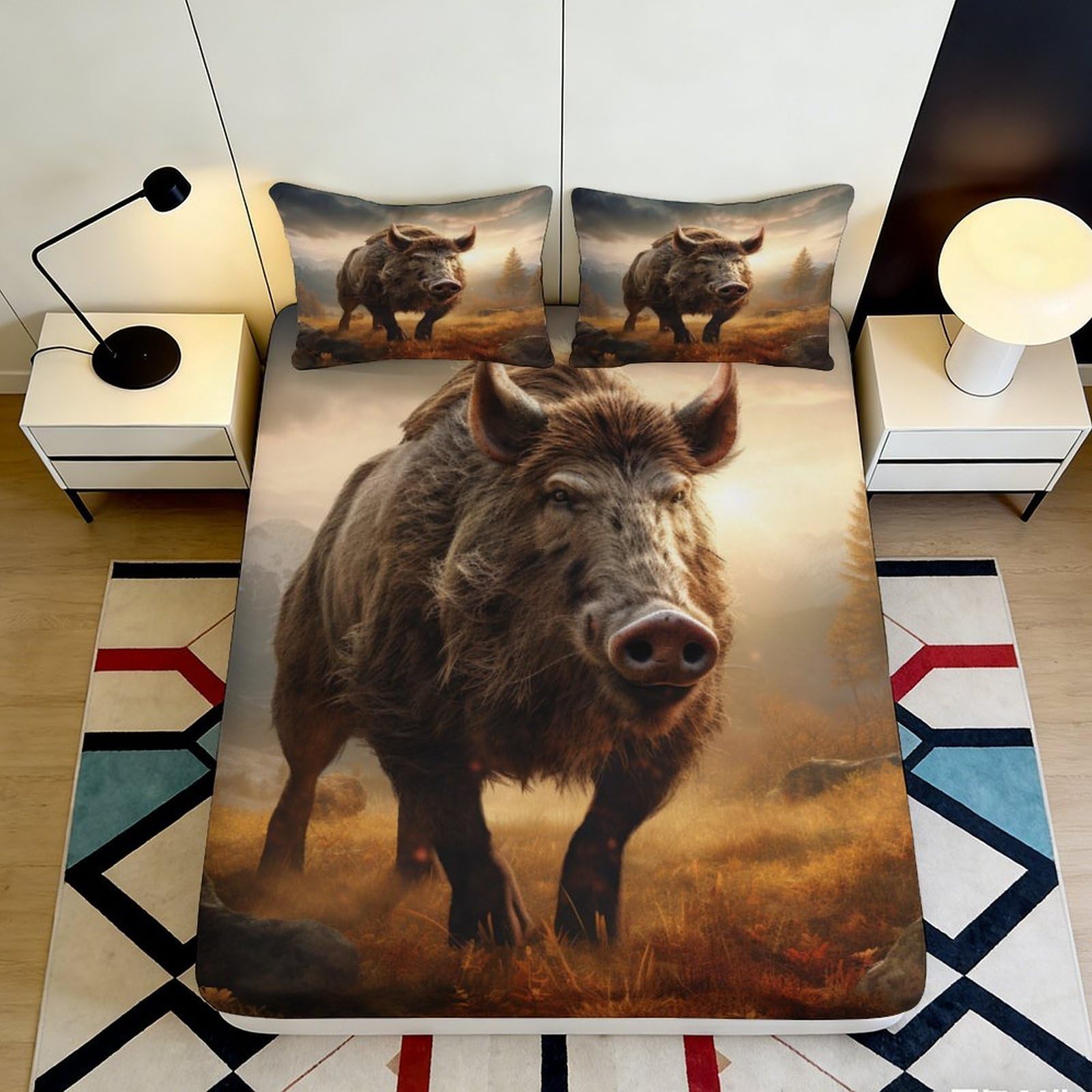 3D Printed Wild Boar Fitted Sheet Microfiber Durable Soft 3D Printed Forest Mattress Cover for Bedroom Dormitory Guest Room Protection 140x200x25cm