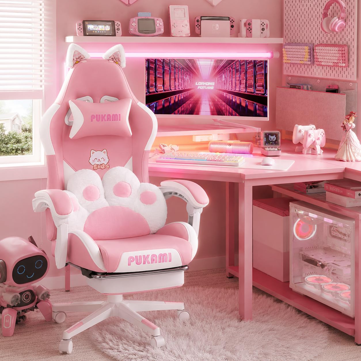 Waleaf Sedia Gaming Rosa, Sedia da Gaming Ergonomica con Regolabile Poggiapiedi, Poggiatesta, Supporto Lombare, Poltrona per Computer con Orecchie da Gatto, Altezza Regolabile