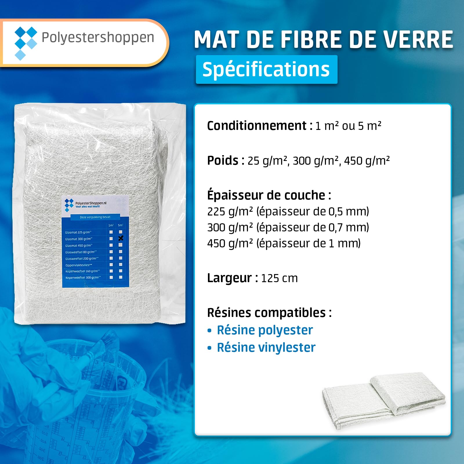 POLYESTERSHOPPEN tapis en fibre de verre, tapis de verre, tissu en fibre de verre/CSM| 5 m² | 450 g/m² |Surtout pour les résines de polyester