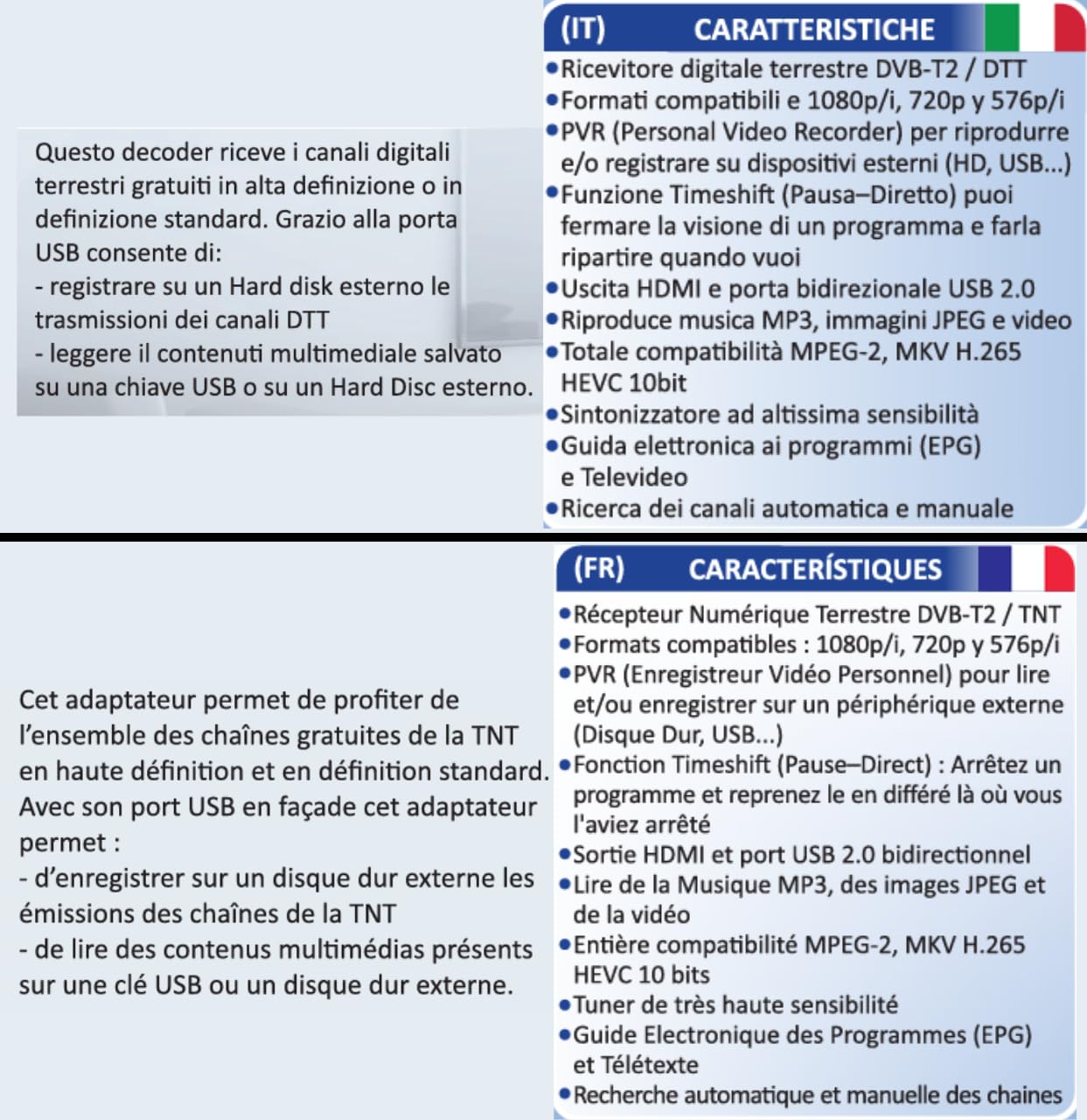 TDT Récepteur HD Full HD Espagnol H265+ 10bit, FTA DM-Digital, DVB-T2, USB, HDMI, LAN, SCART, Wi-Fi, télécommande universelle IR 2 en 1, noir, métal