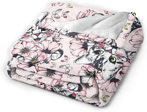 Miniatura 2 de Yipaidel Manta de forro polar con diseño de flores rosas con cara de gato feliz, ligera y acogedora, manta de felpa suave y cálida para sofá, cama,
