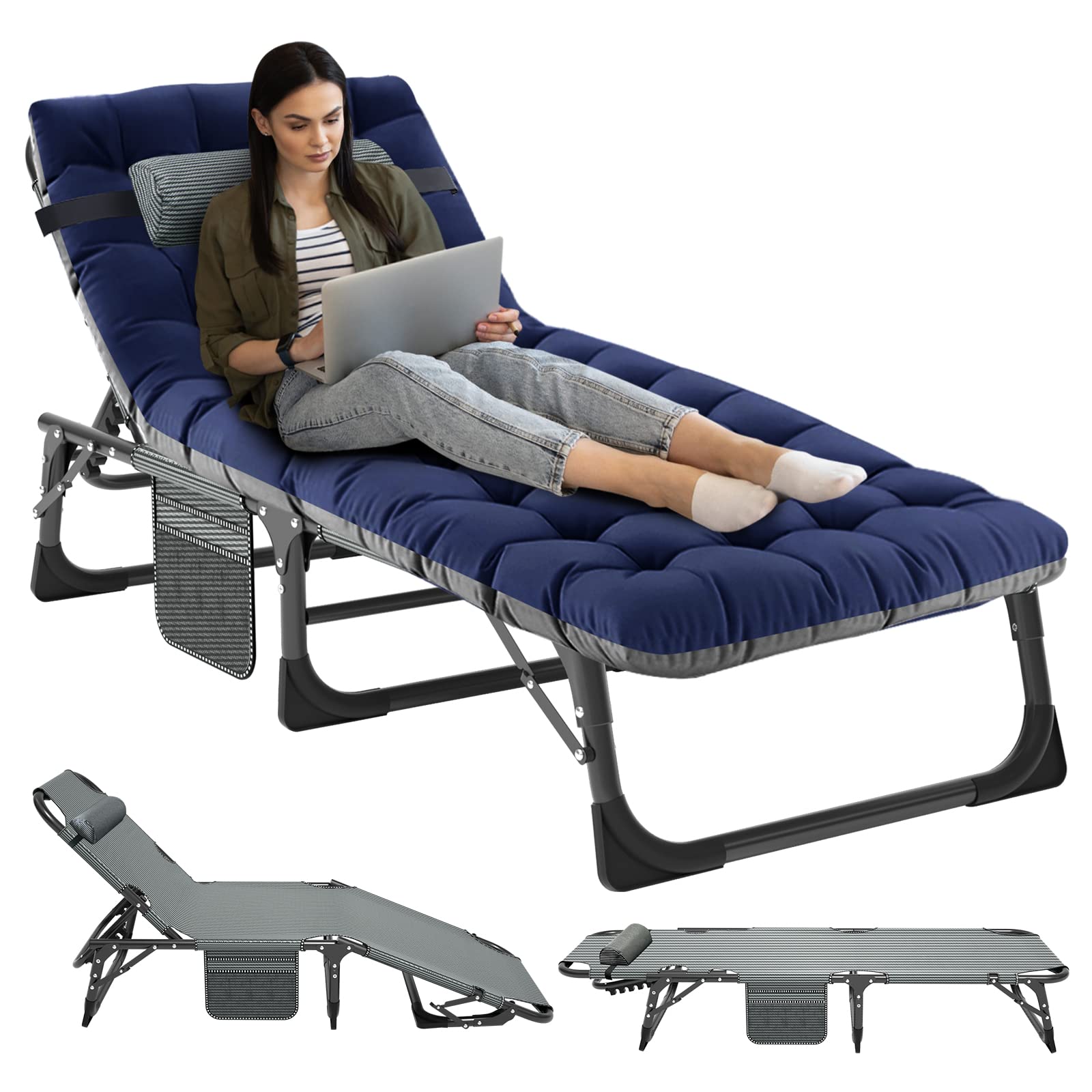 NAIZEA Folding Camping Cot W/Mat for Adults, Adjustable Lounge Chair Outdoor, Heavy Duty Sleeping Cot Bed, Travel Camp Cots for Pool, Beach, Patio