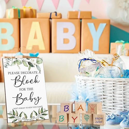 Miniatura 6 de Tatuo Kit de 75 juegos de decoración de bloque para baby shower, incluye letrero de juego de decorar un bloque, 50 bloques de madera de bricolaje,